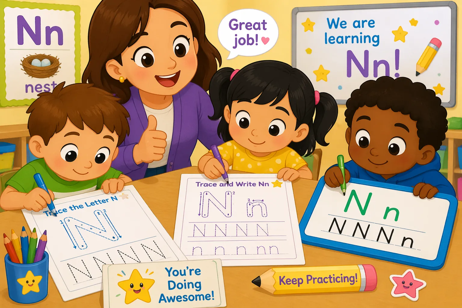 Letter N handwriting tracing practice with kids writing and tracing letters on worksheets. 