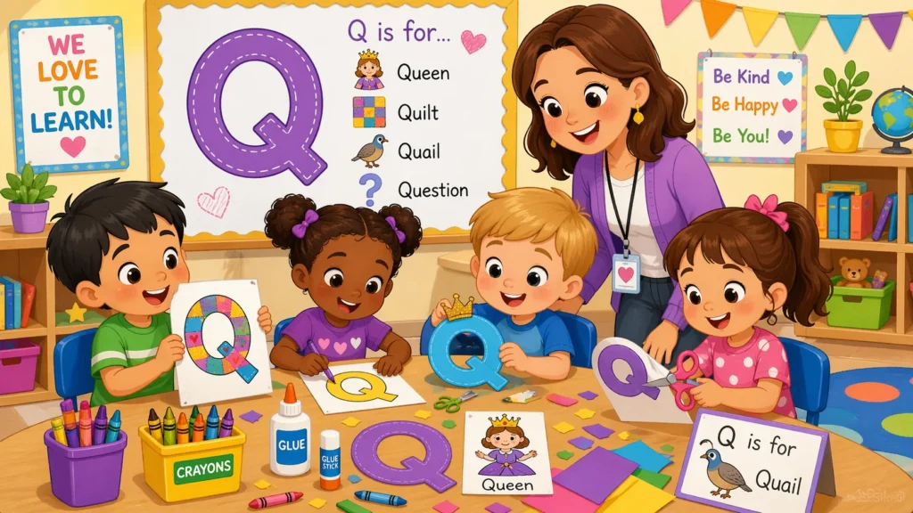 Letter Q activities for preschoolers with kids doing crafts and games in class.