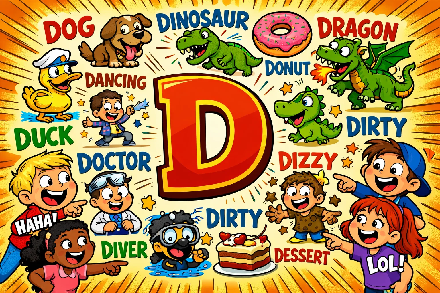 List of funny words that start with D on a classroom board with happy kids.