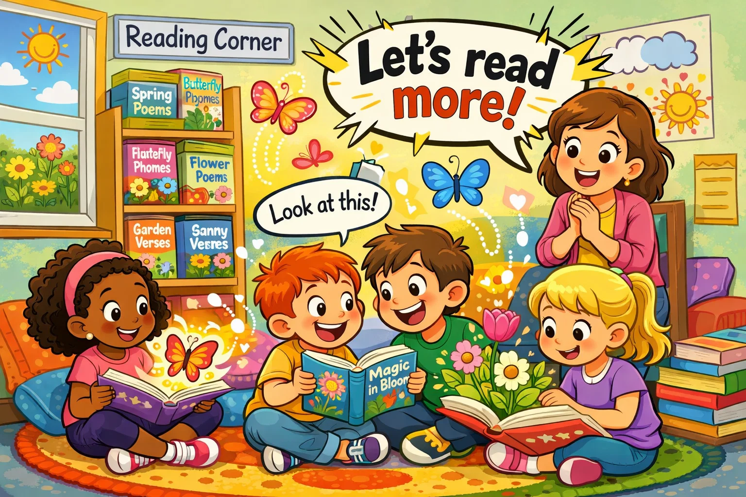  Longer spring poetry books for kids being read in a fun classroom scene.
