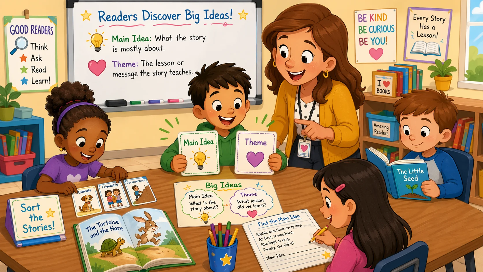 Main idea theme examples practice for kids with story cards and worksheets.