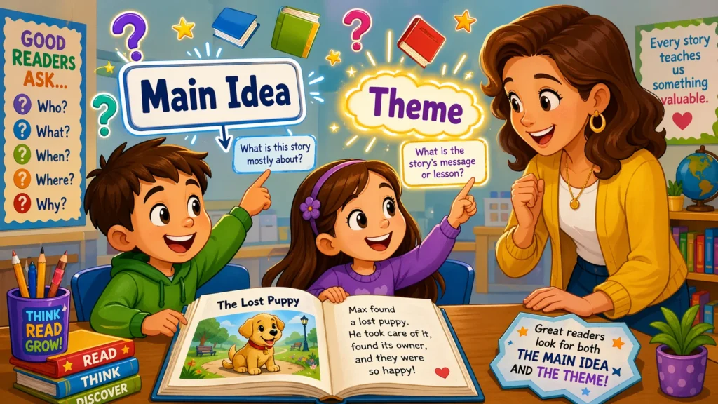 Main idea vs theme for kids during shared reading with teacher support.