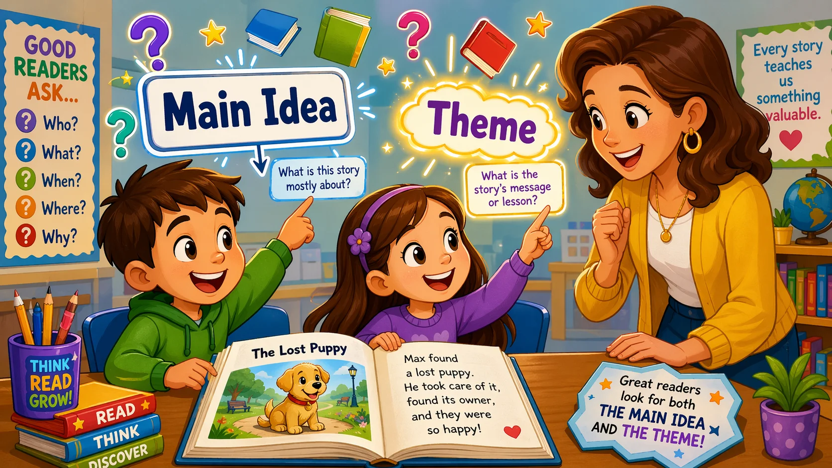 Main idea vs theme for kids during shared reading with teacher support.
