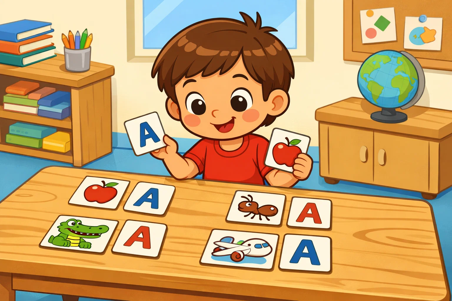  Match and sort Letter A activity with cards on classroom table.
