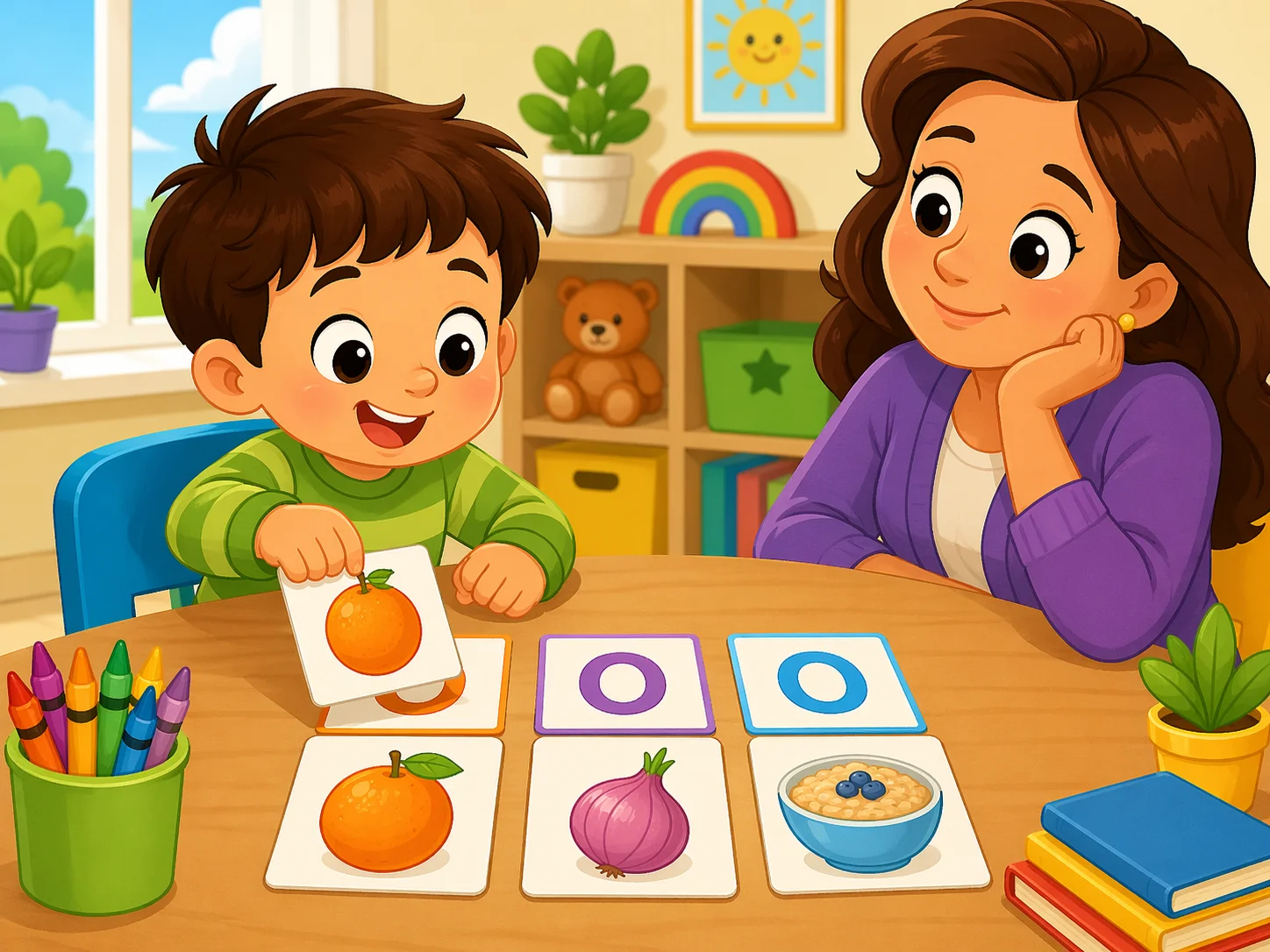 Match food items letter O game for preschool with orange, onion, and oatmeal.