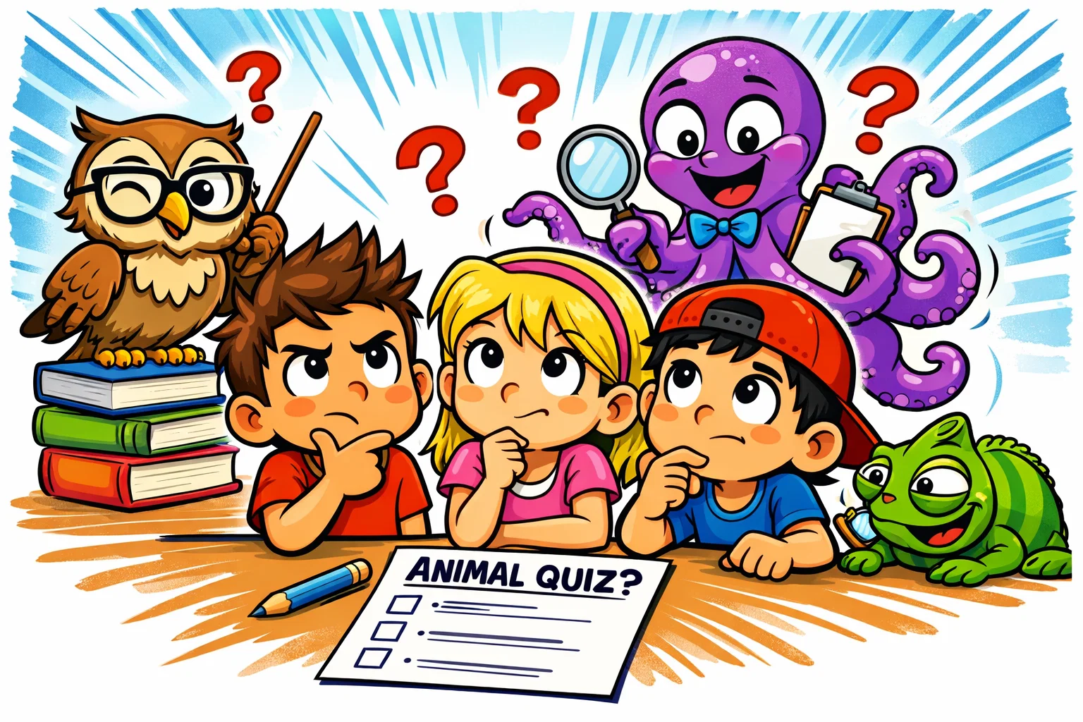 Medium difficulty animal trivia for kids with curious children and clever cartoon animals.