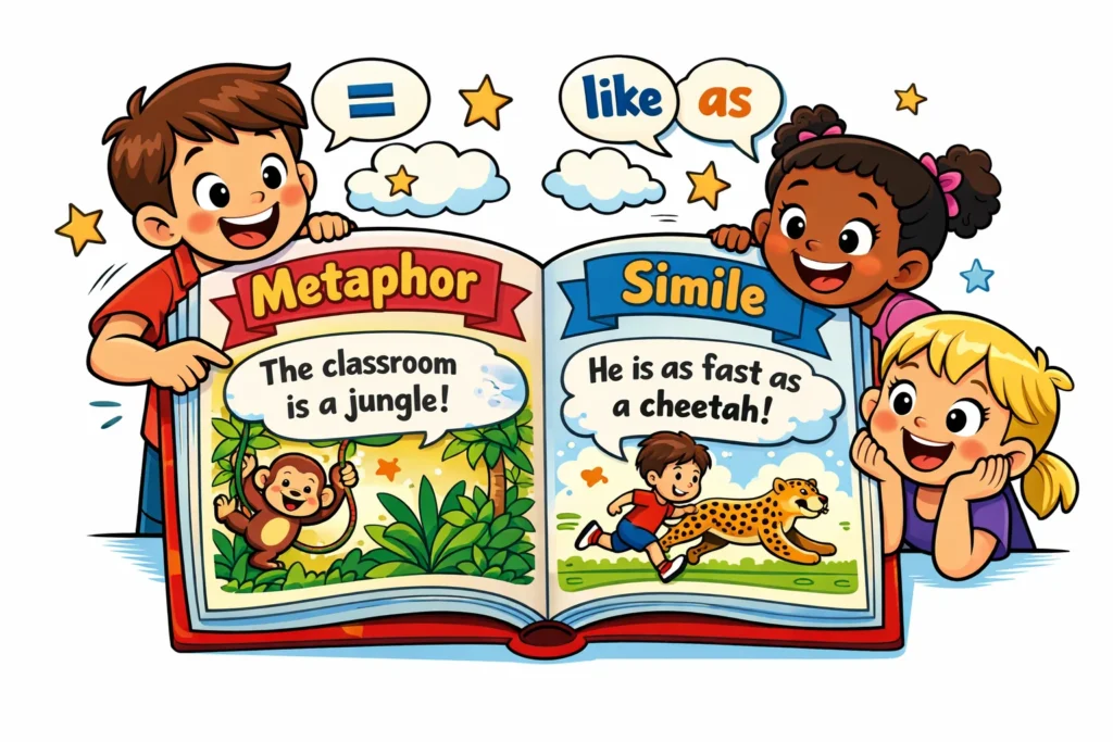 Metaphor simile examples for kids with definitions in a colorful cartoon book scene.