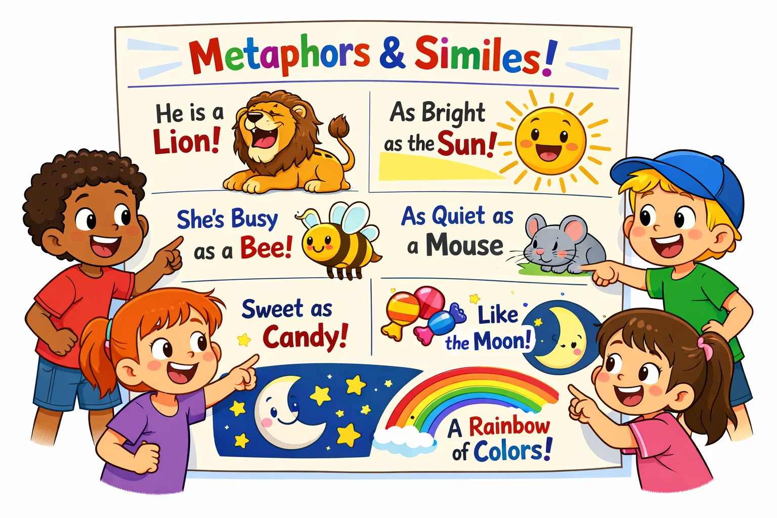 Metaphor and simile examples with definitions for kids on a colorful classroom poster.
