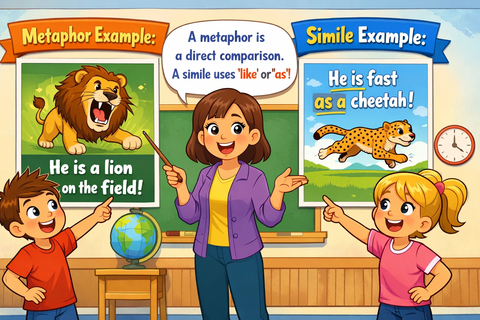 Metaphor vs simile for kids explained in a split classroom cartoon scene.
