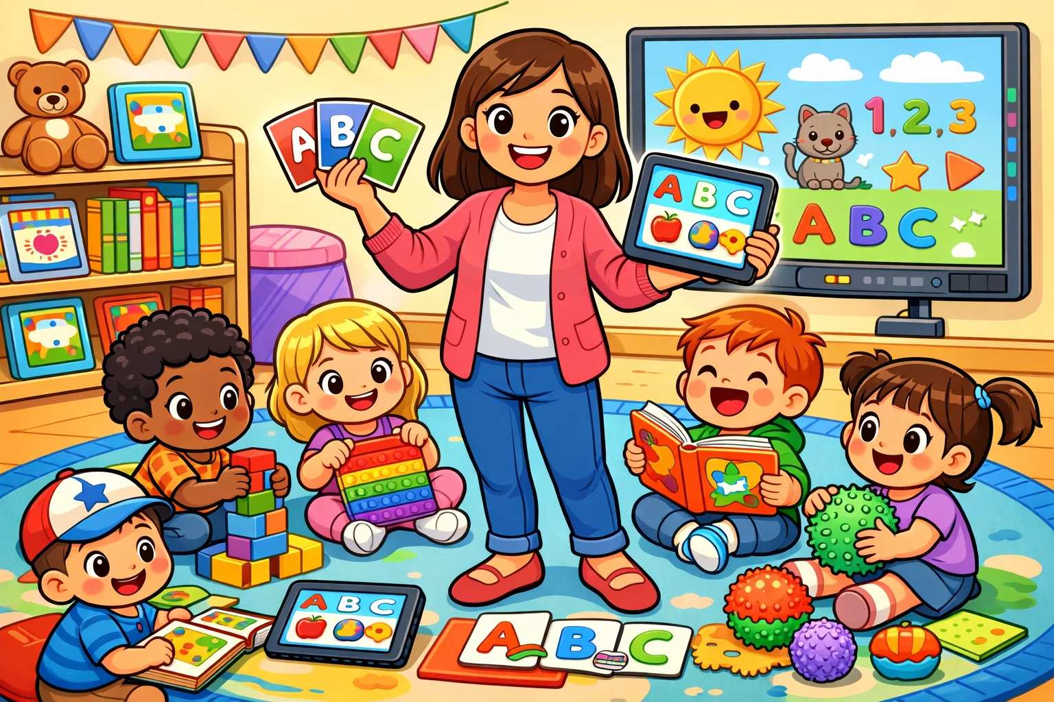 Modern teaching aids for preschoolers in a colorful nursery classroom.