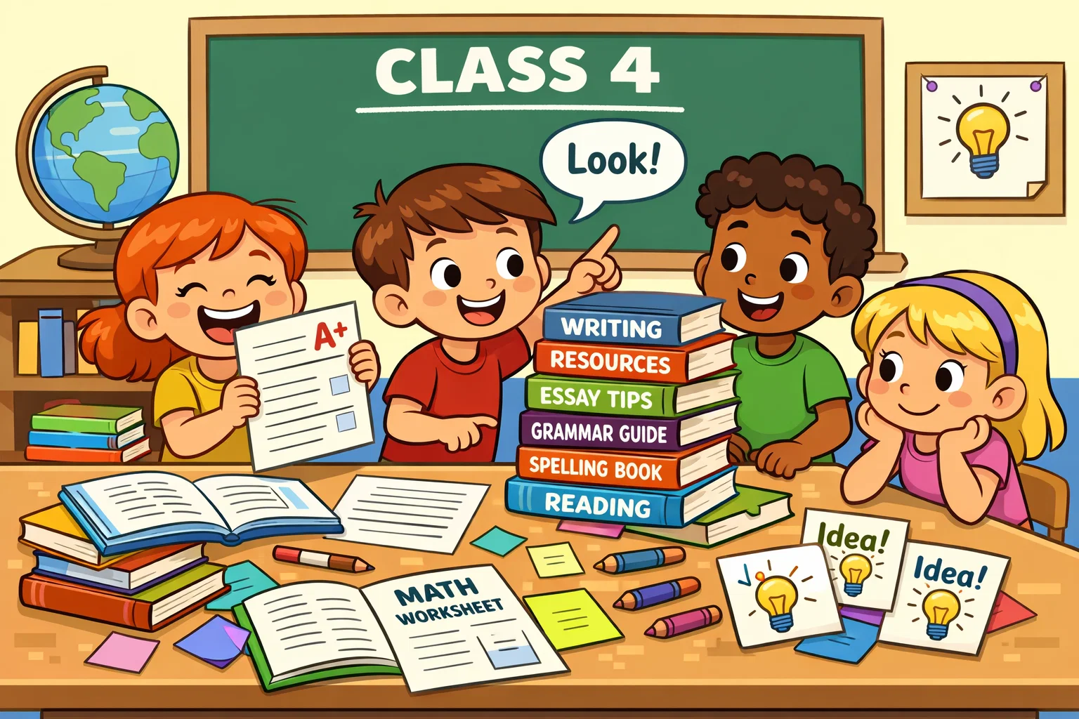  More essay topics and writing resources for class 4 on table with students.
