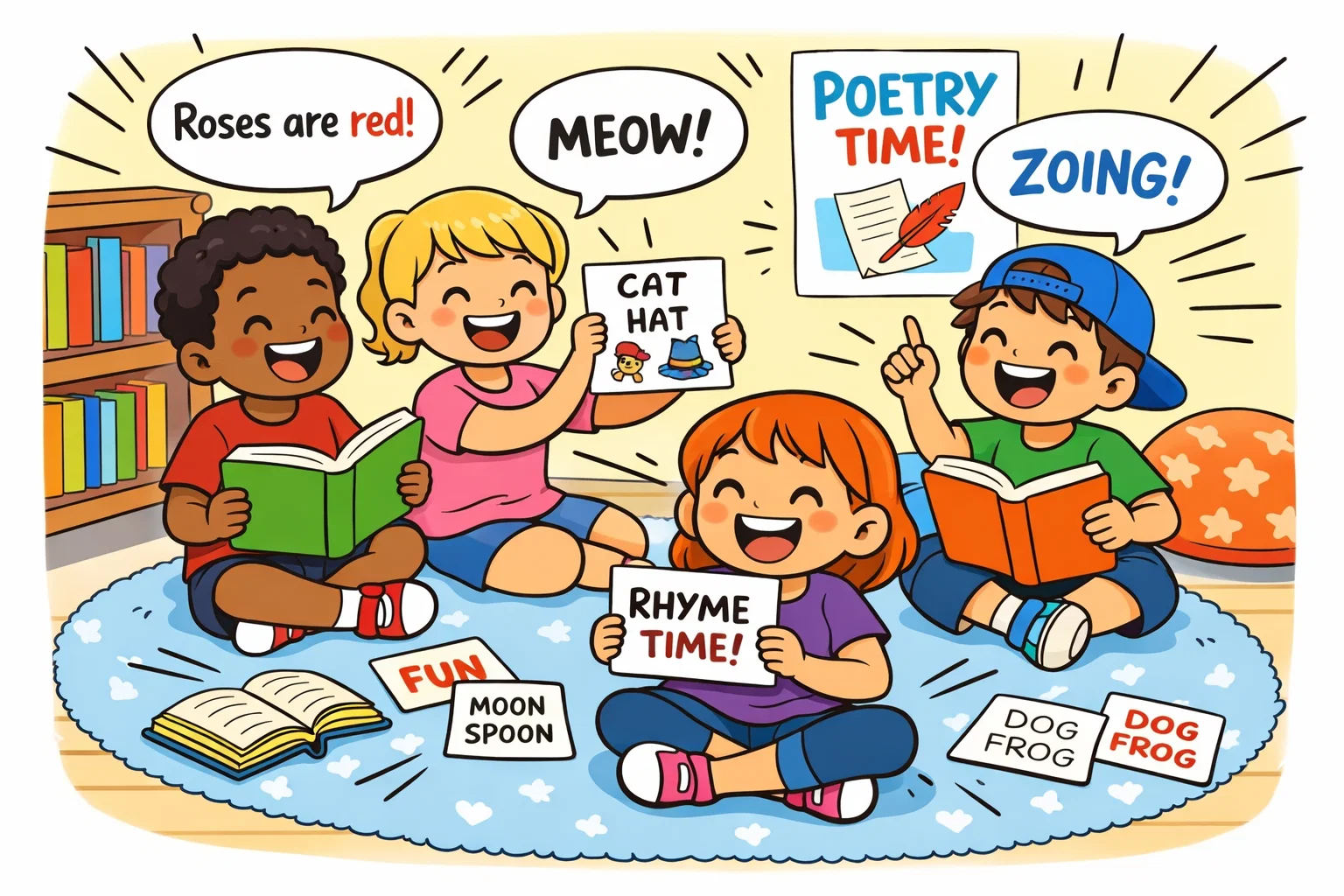 More poetry fun for kids during colorful reading time with rhyme cards.
