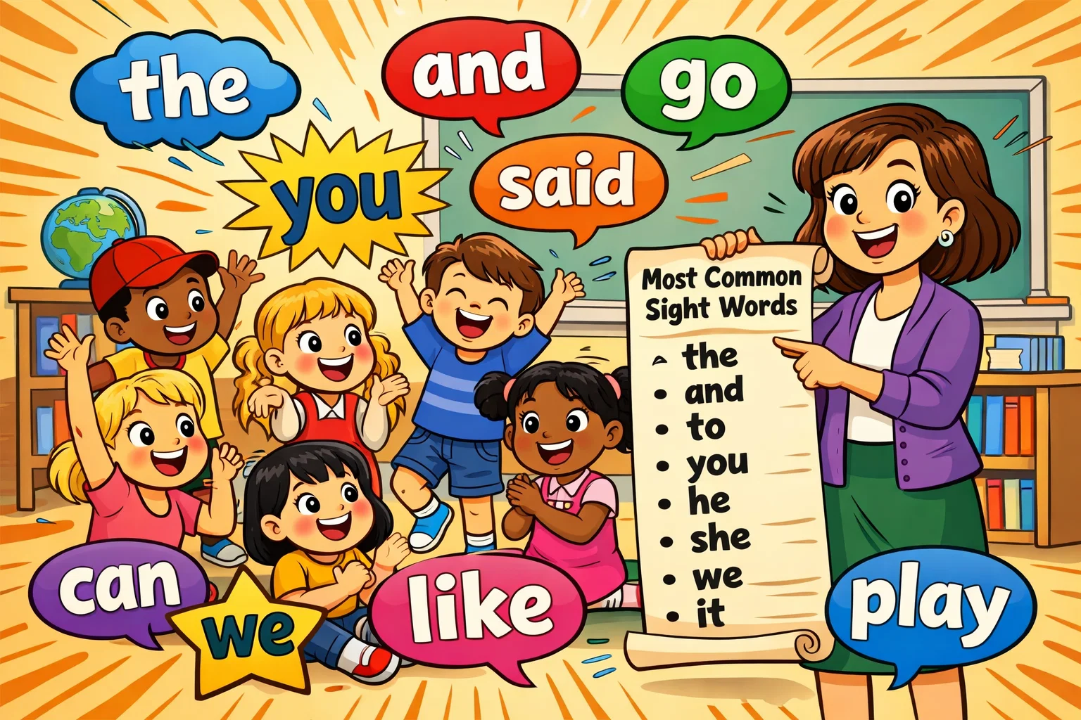 Most common sight words for Class 1 on a colorful classroom poster with happy students.