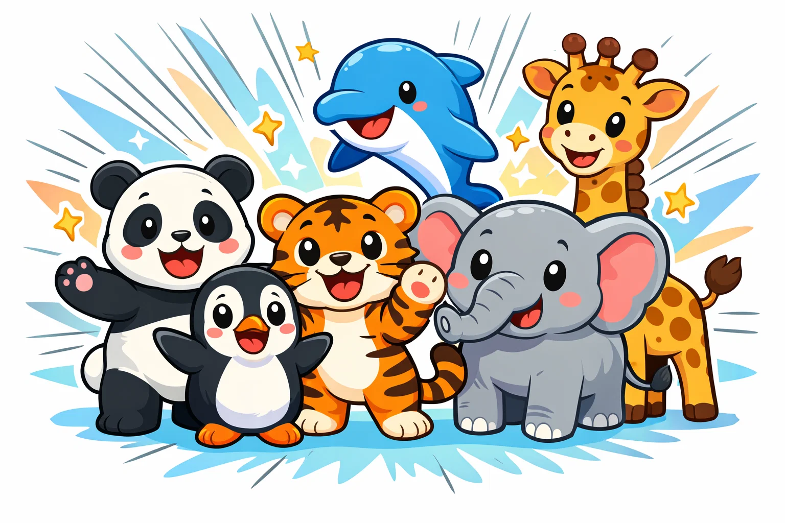 Most popular animal facts cartoon with panda, penguin, tiger, and elephant.
