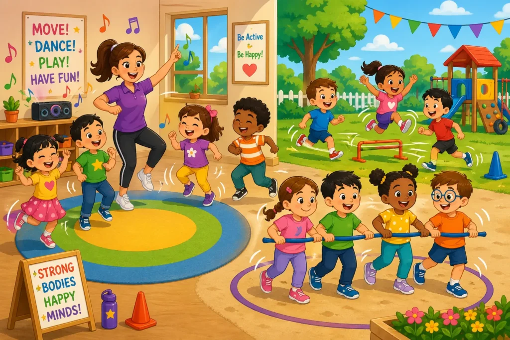 Preschoolers enjoy active movement through indoor games, outdoor play, and music-based activities.