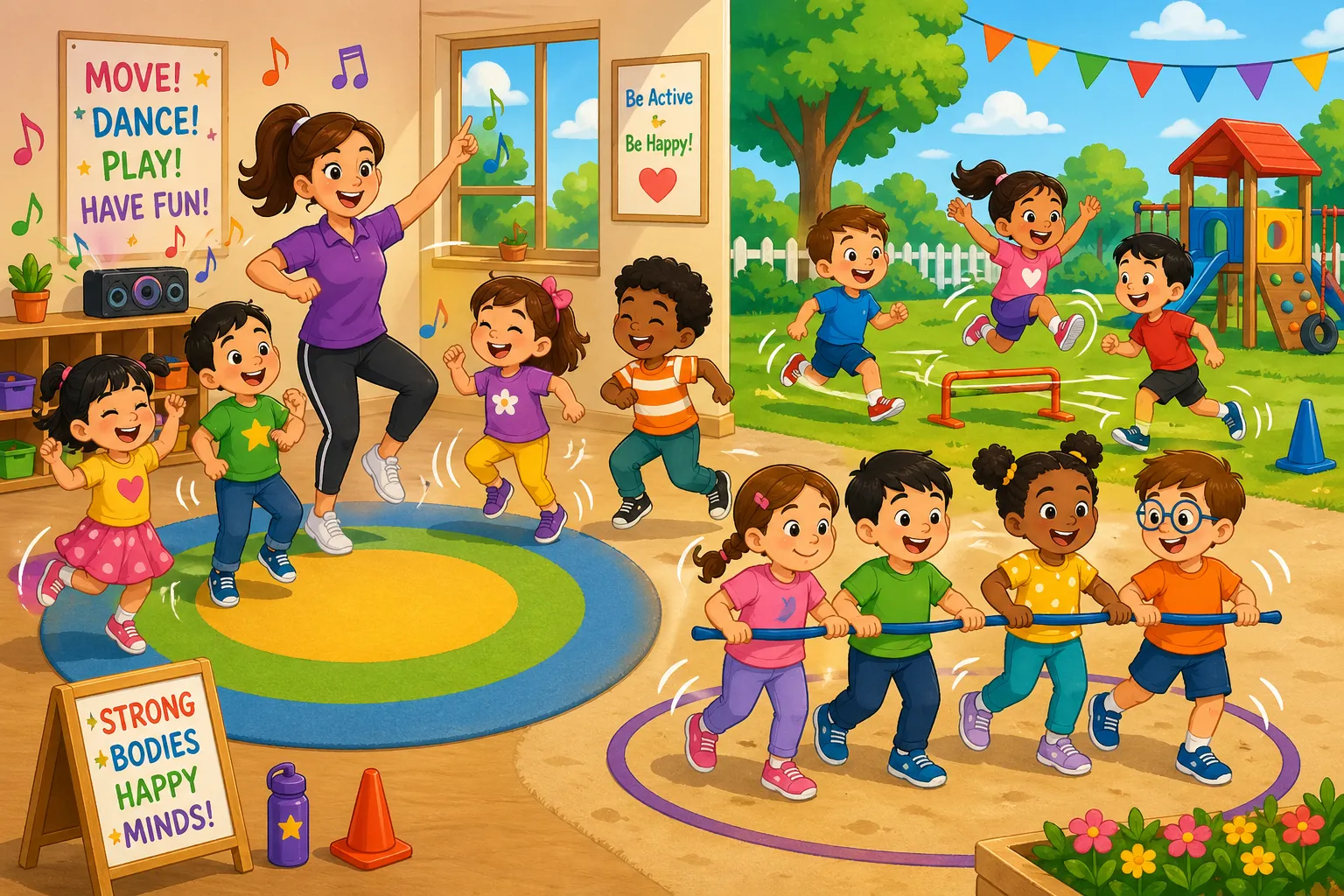Preschoolers enjoy active movement through indoor games, outdoor play, and music-based activities.