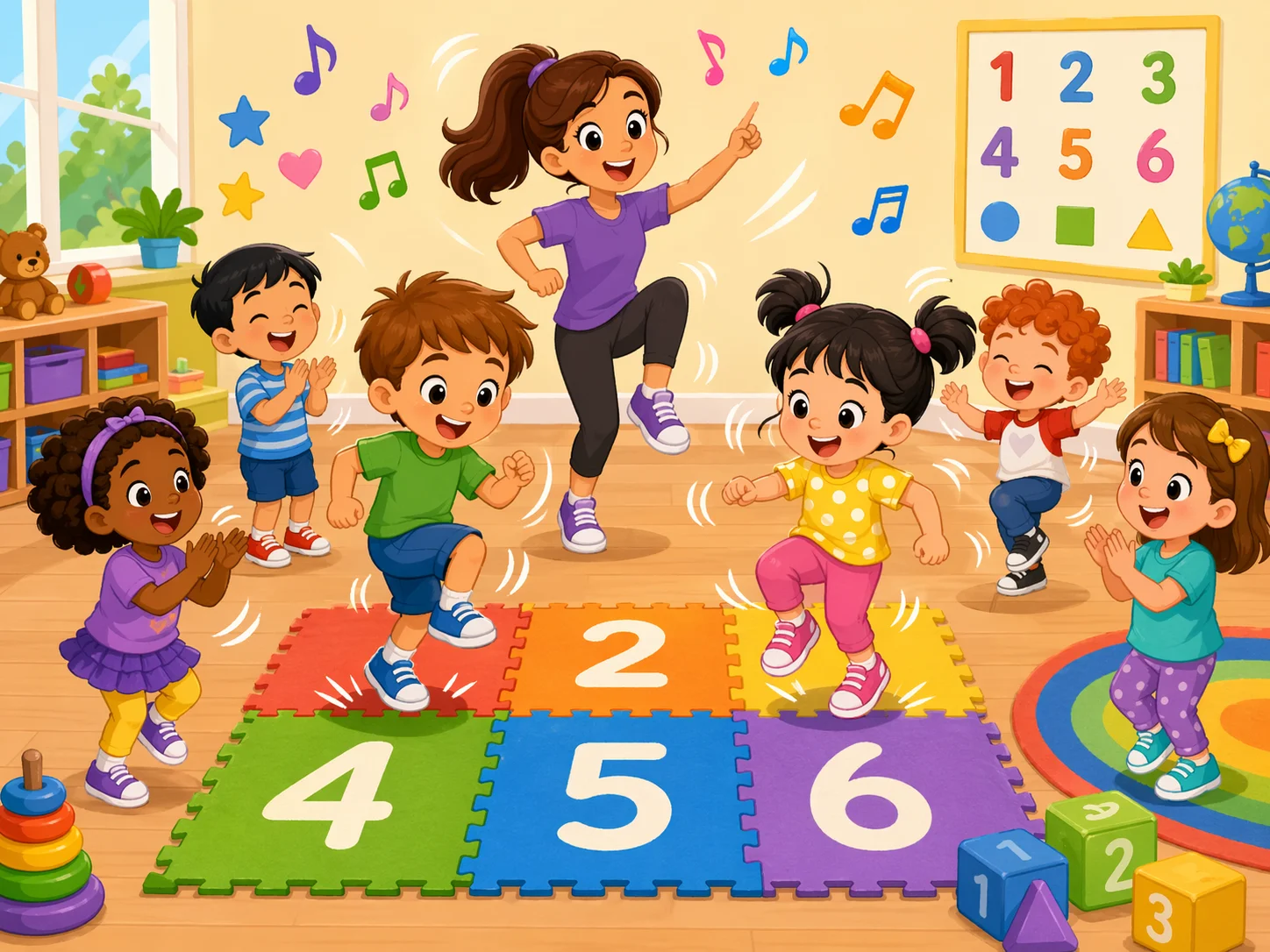 Movement and music number activities for preschoolers with kids hopping and singing.