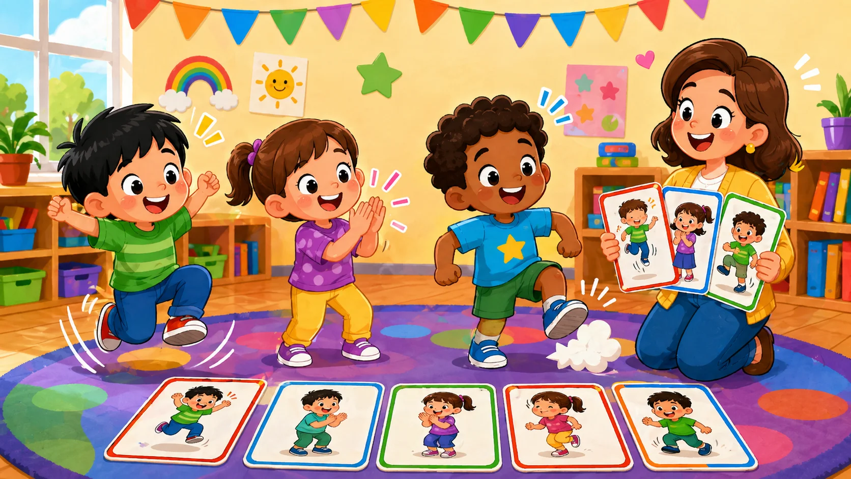 Movement pattern cards with preschoolers jumping, clapping, and stomping.