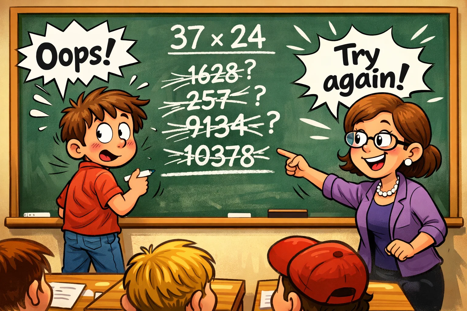 Multiplication mistakes corrected by student with teacher help.
