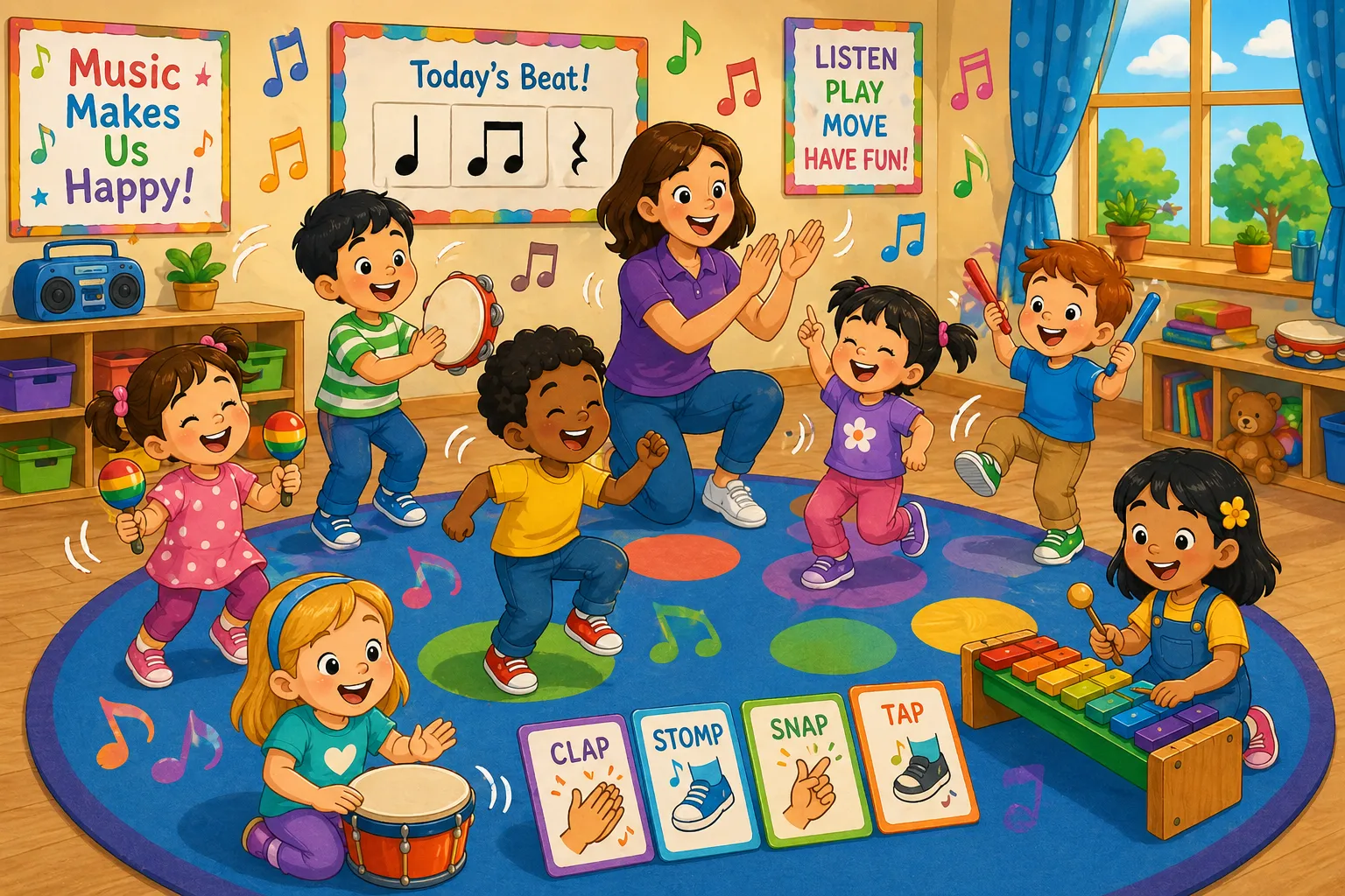 Music activities preschoolers rhythm dance classroom with instruments clapping and joyful movement play. 