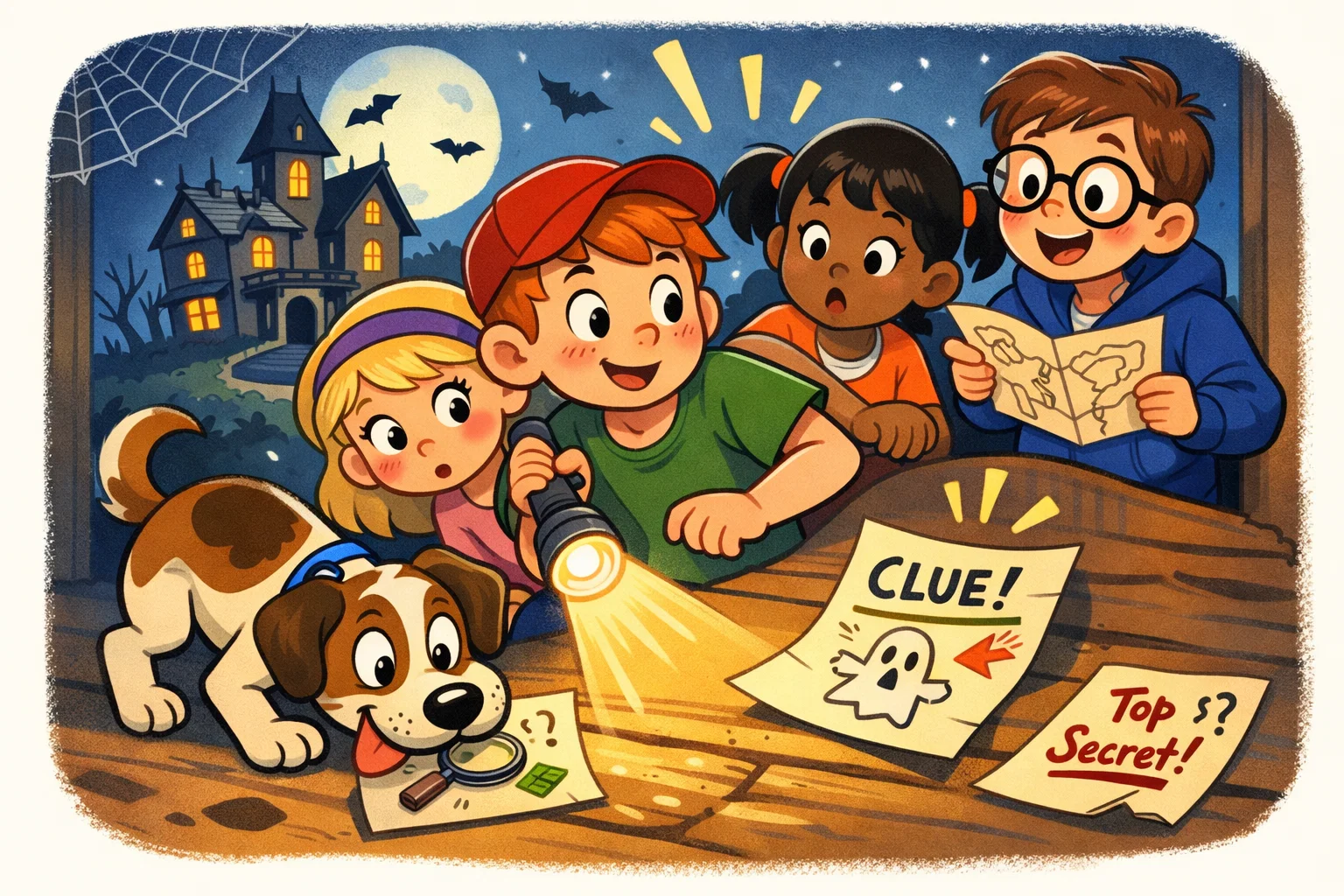 Mystery adventure kids and dog in retro cartoon with clues and spooky fun.
