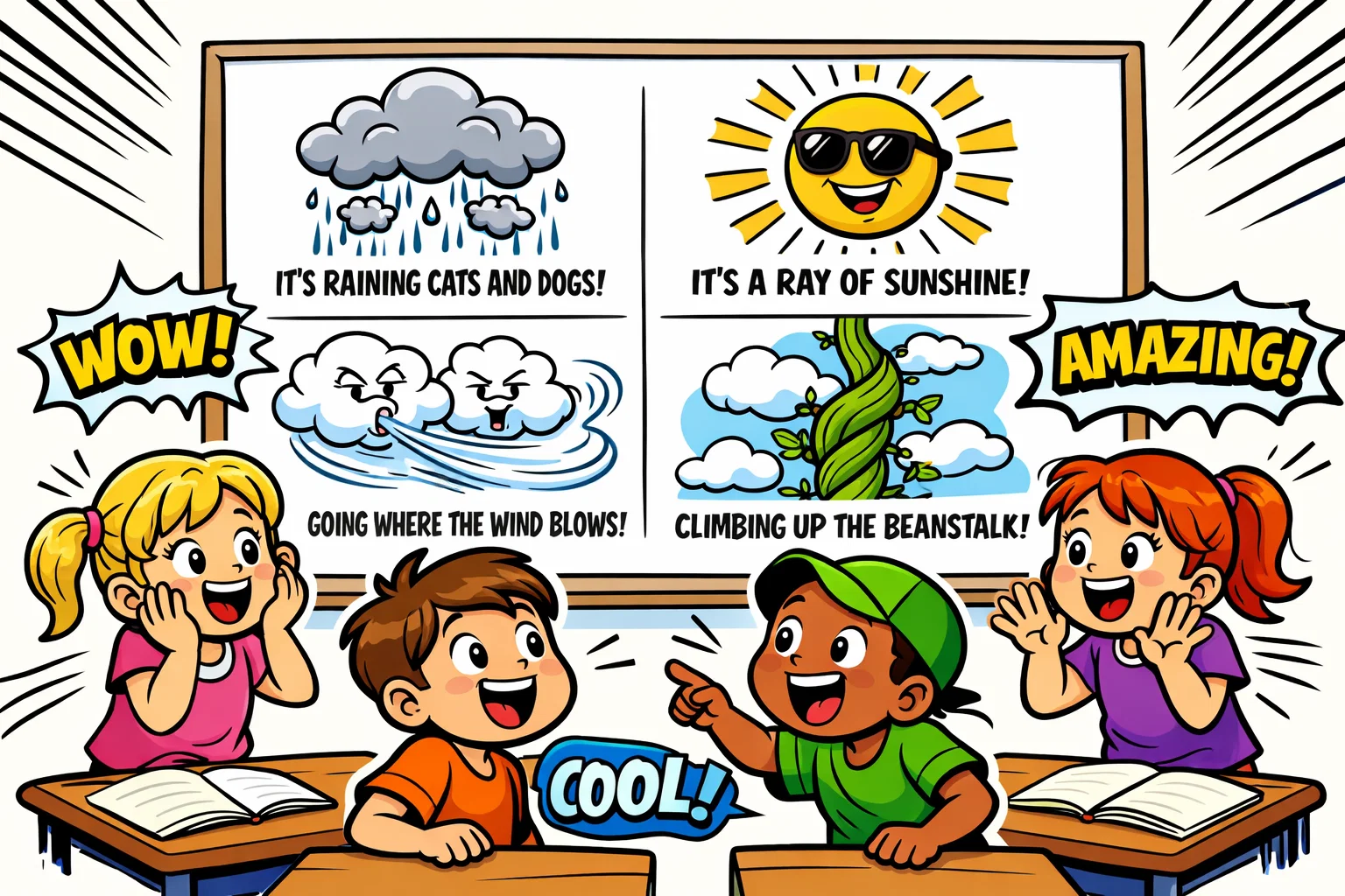 Nature and weather idioms for kids with sun, rain, clouds, and wind.
