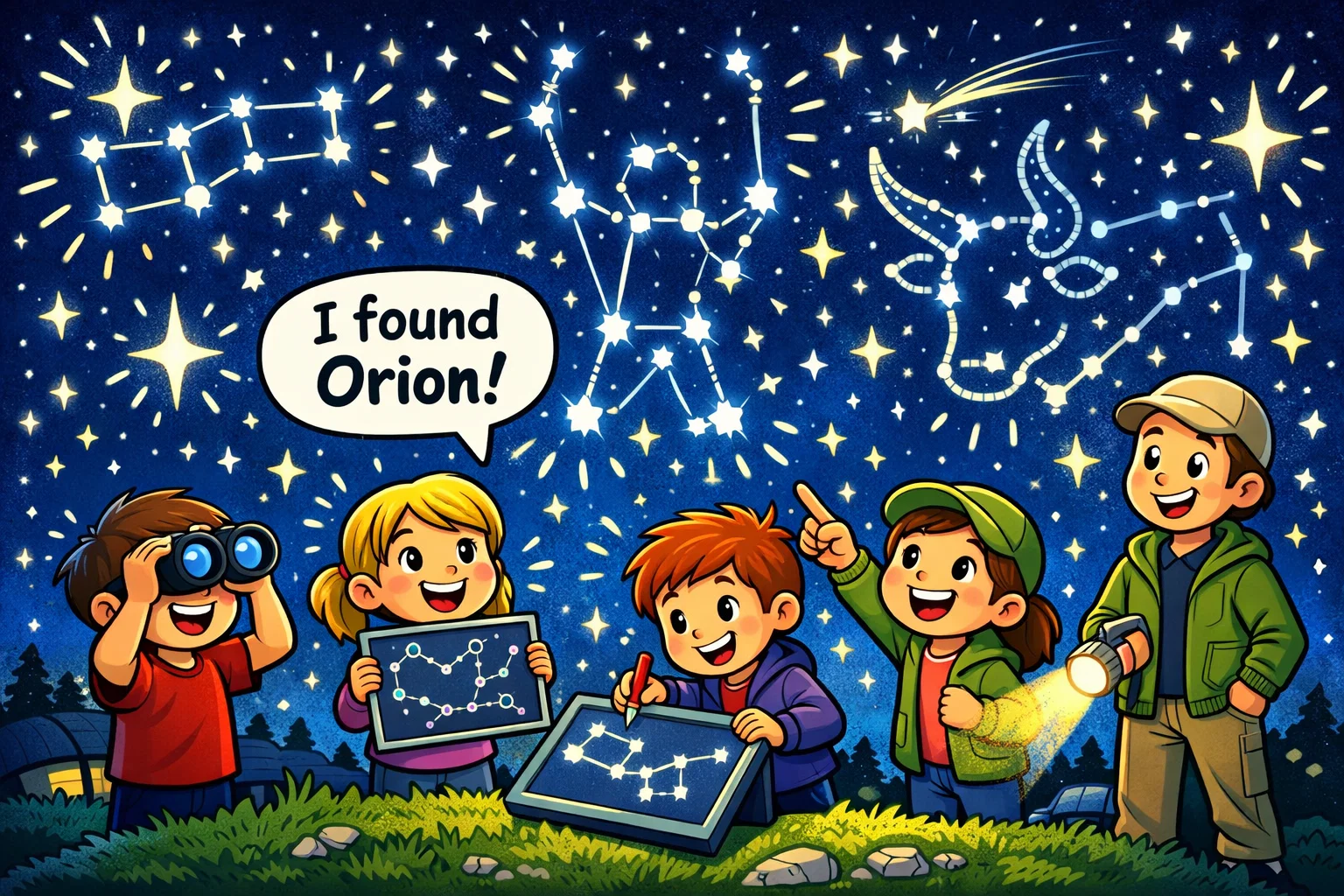 Night sky activities and constellations for kids with star chart and binoculars.