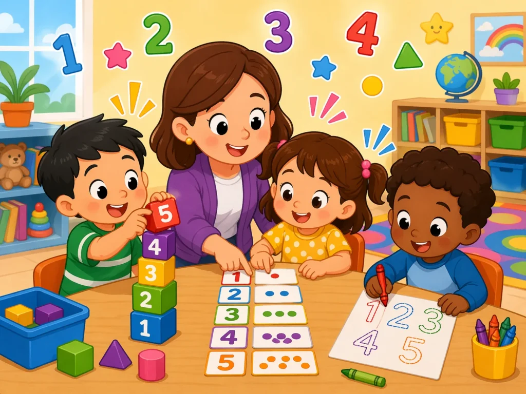 Number activities for preschoolers with kids counting, matching, and writing numbers.