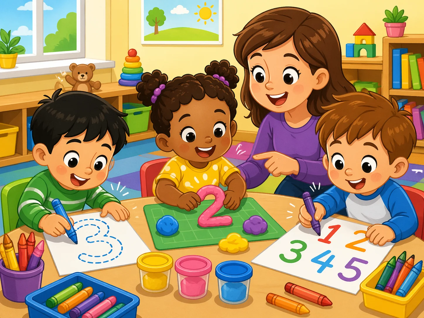 Number formation and writing activities for preschoolers with crayons and playdough.