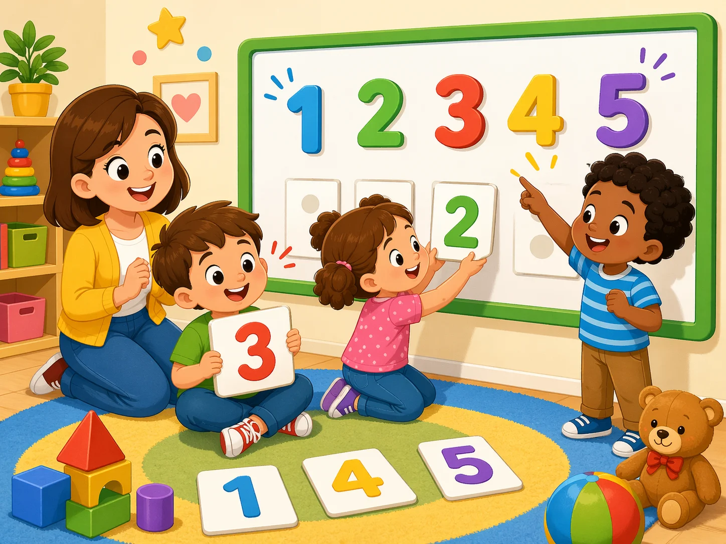 Number recognition activities for preschoolers with kids matching colorful number cards.