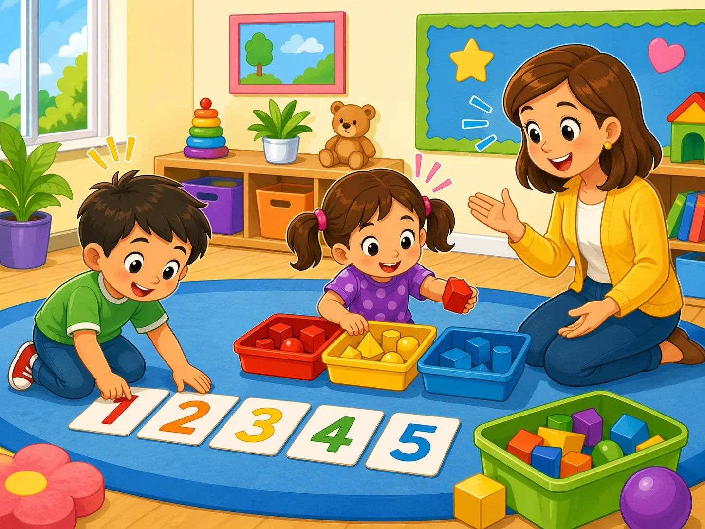 Number sequence and sorting activities for preschoolers with cards and colorful blocks.