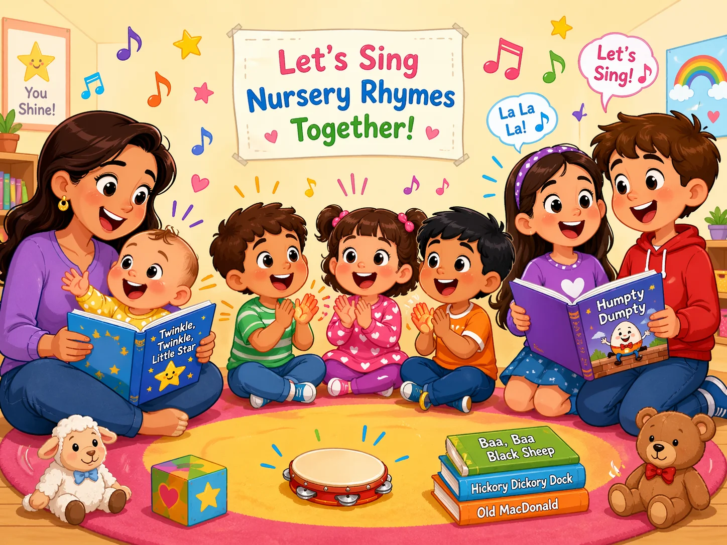 Nursery rhymes for babies, preschoolers, and older kids enjoying music together.