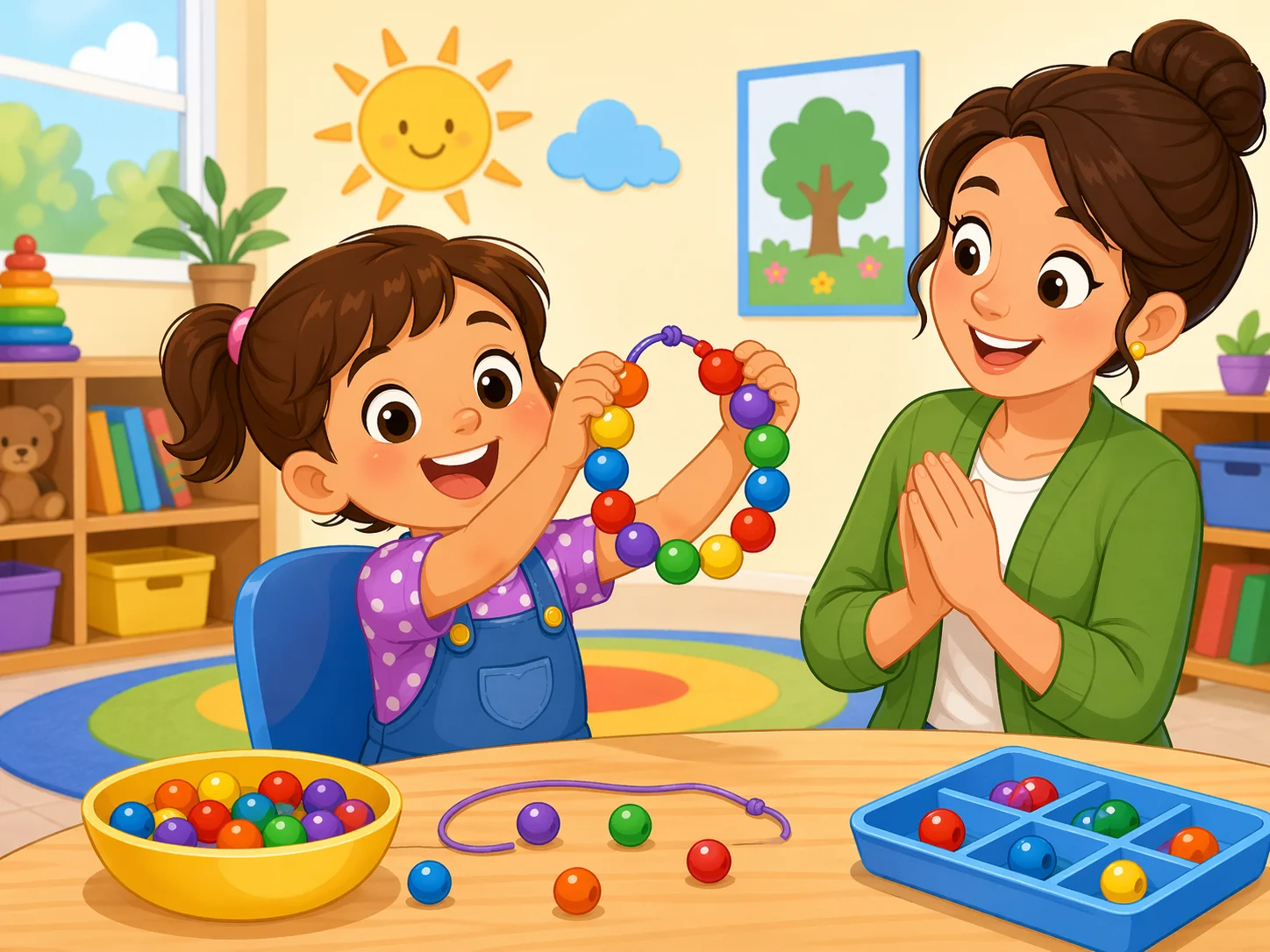 O shaped necklace craft for preschoolers with round beads and fine motor practice.