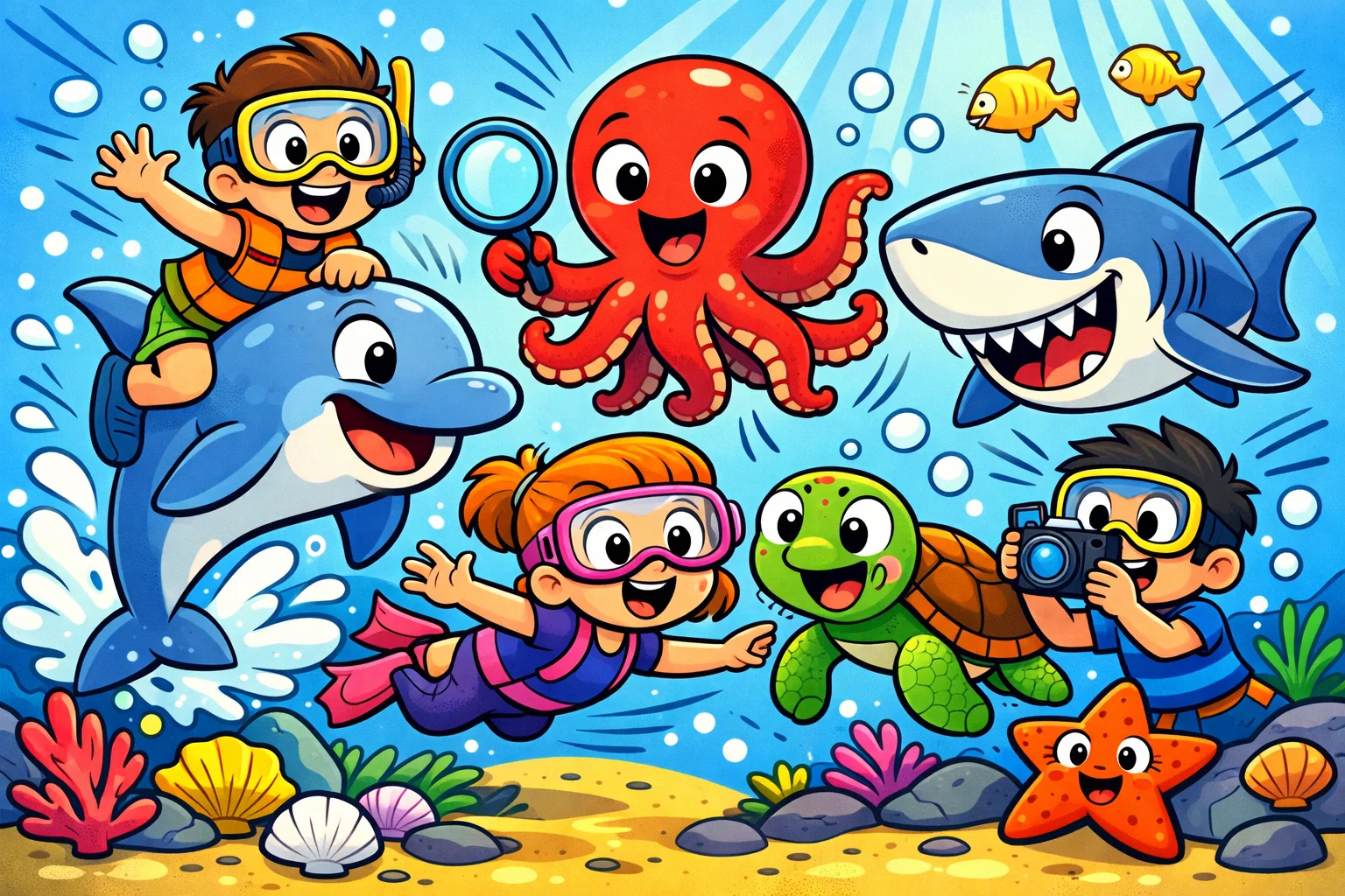 Ocean inhabitant trivia questions for kids with dolphin, octopus, and sea turtle.