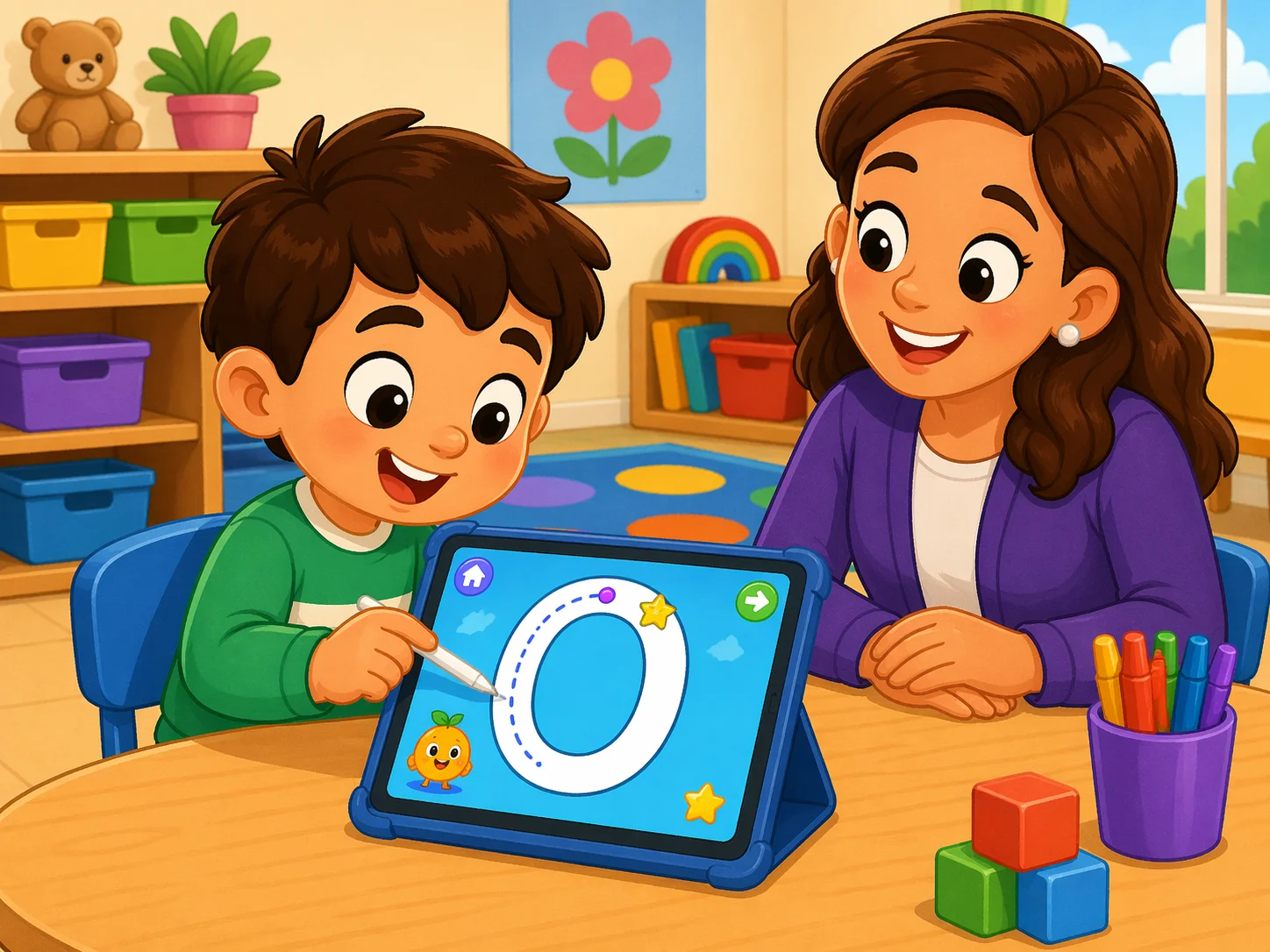 Online O tracing game for preschoolers on a tablet with guided letter practice.