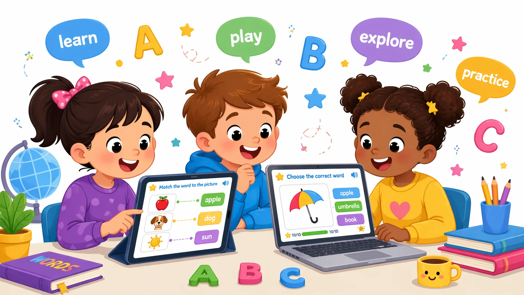 Online vocabulary games for kids on tablet and laptop with word activities.