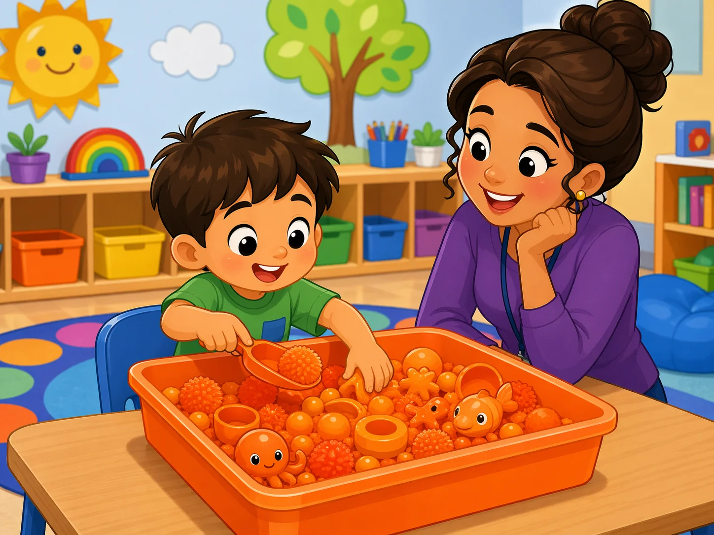 Orange sensory bin preschool activity with orange objects and hands on learning.