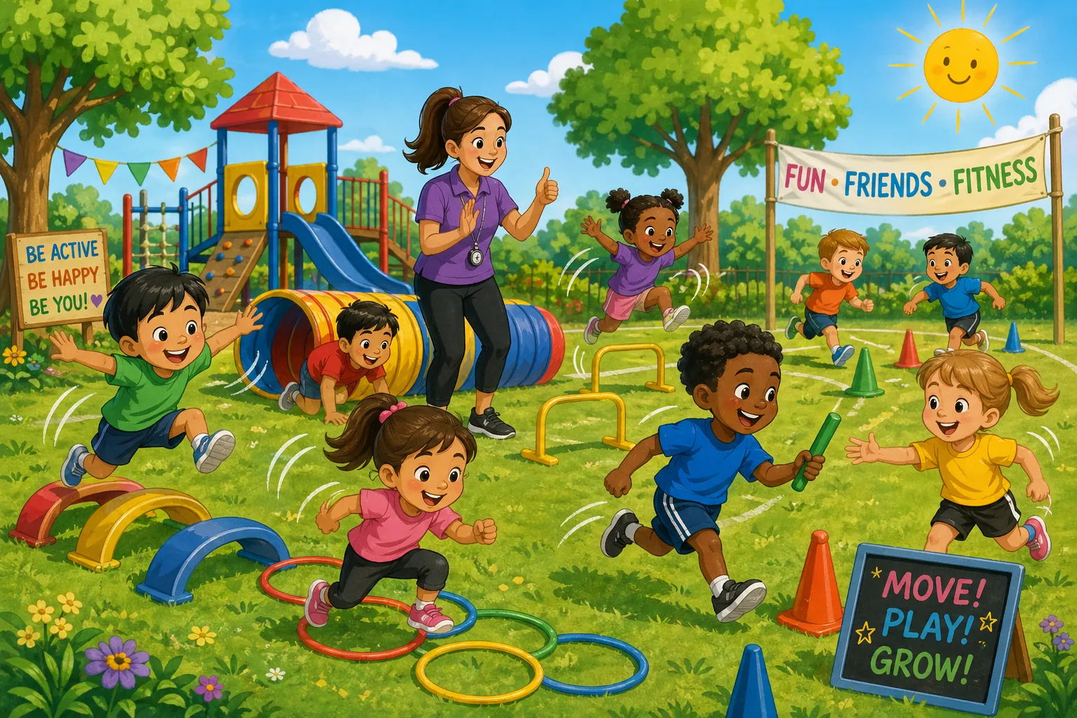Outdoor movement activities preschoolers playground with running jumping and active group games. 