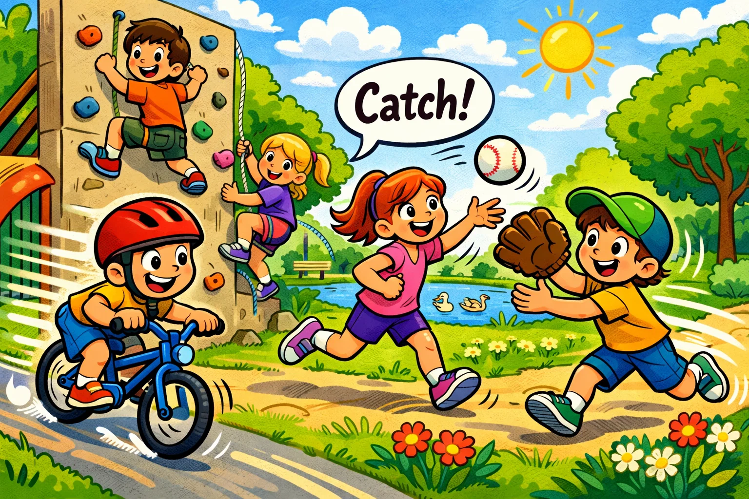 Outdoor physical activities start with C kids cycling climbing and playing. 