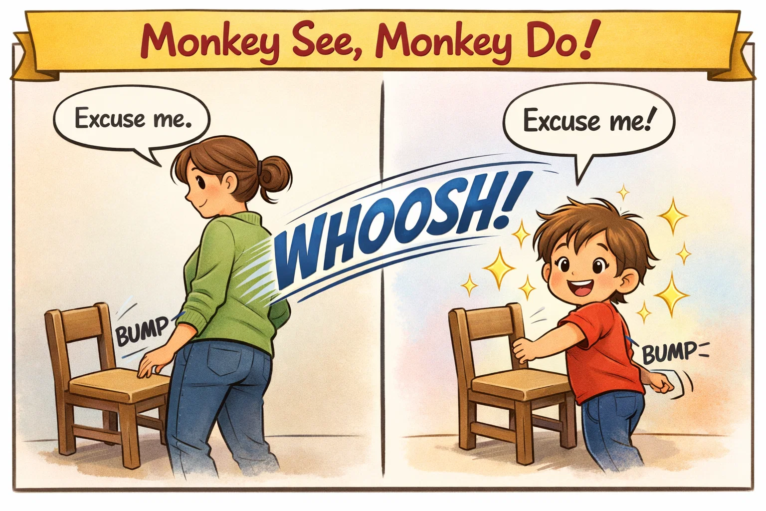 Parent models polite words and child copies them in playful comic showing role modelling manners.
