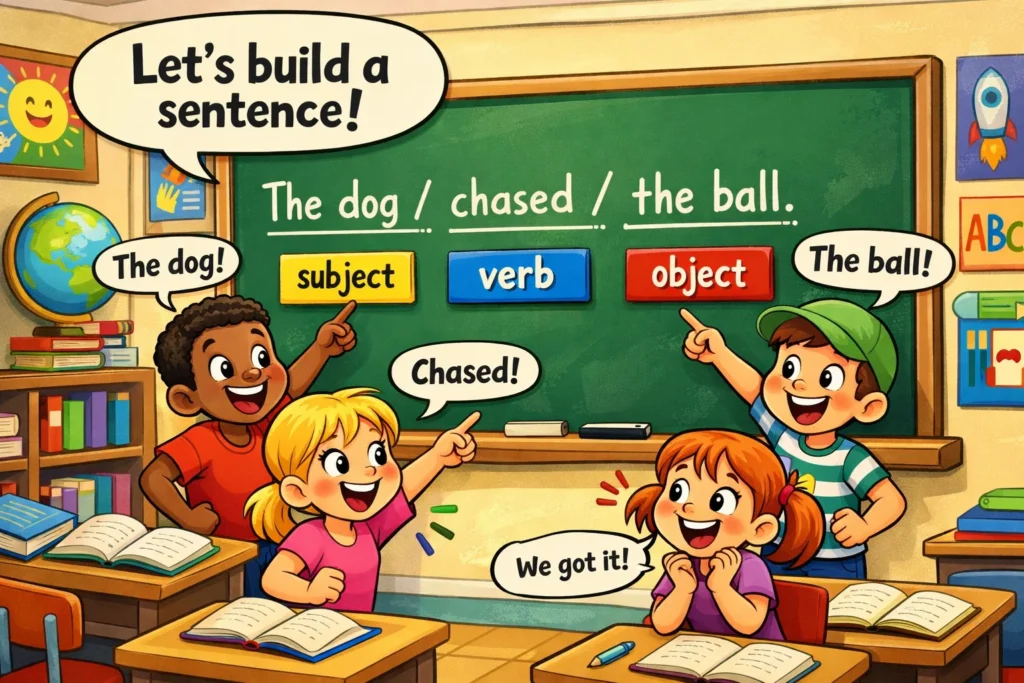 Parts of sentence kids guide examples with children learning subject verb object.