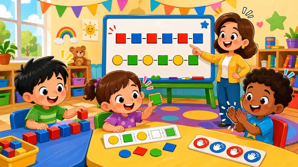 Pattern games for preschoolers in classroom with blocks, shapes, and clapping.