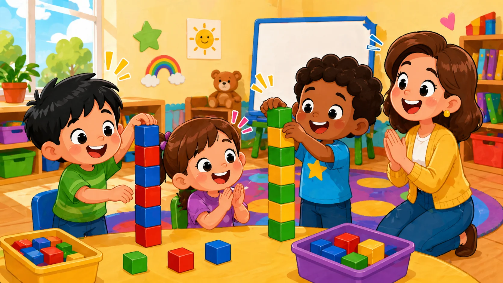 Pattern towers with blocks in red blue sequences for preschoolers.