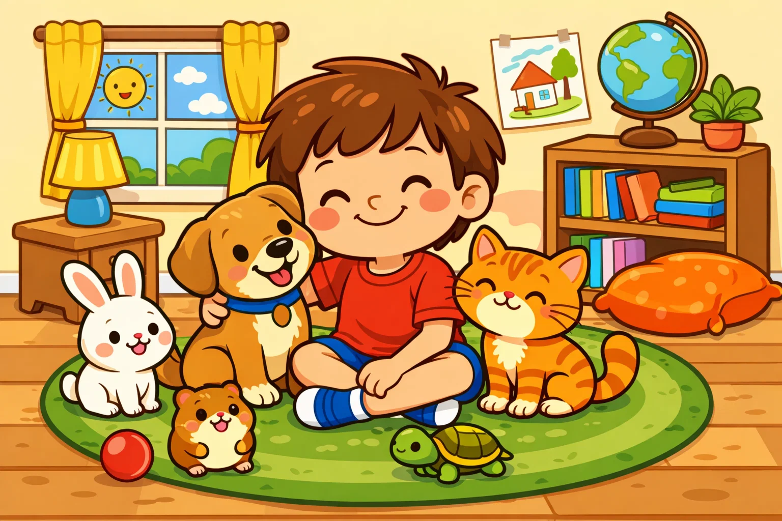 Pet animals mammal names kids image with dog, cat, rabbit, hamster, and turtle.
