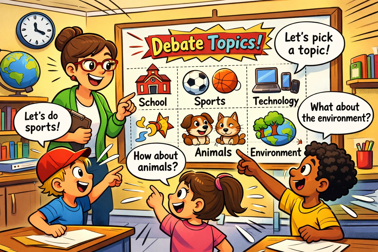 Pick right subject for kids debate with teacher choosing classroom topics.