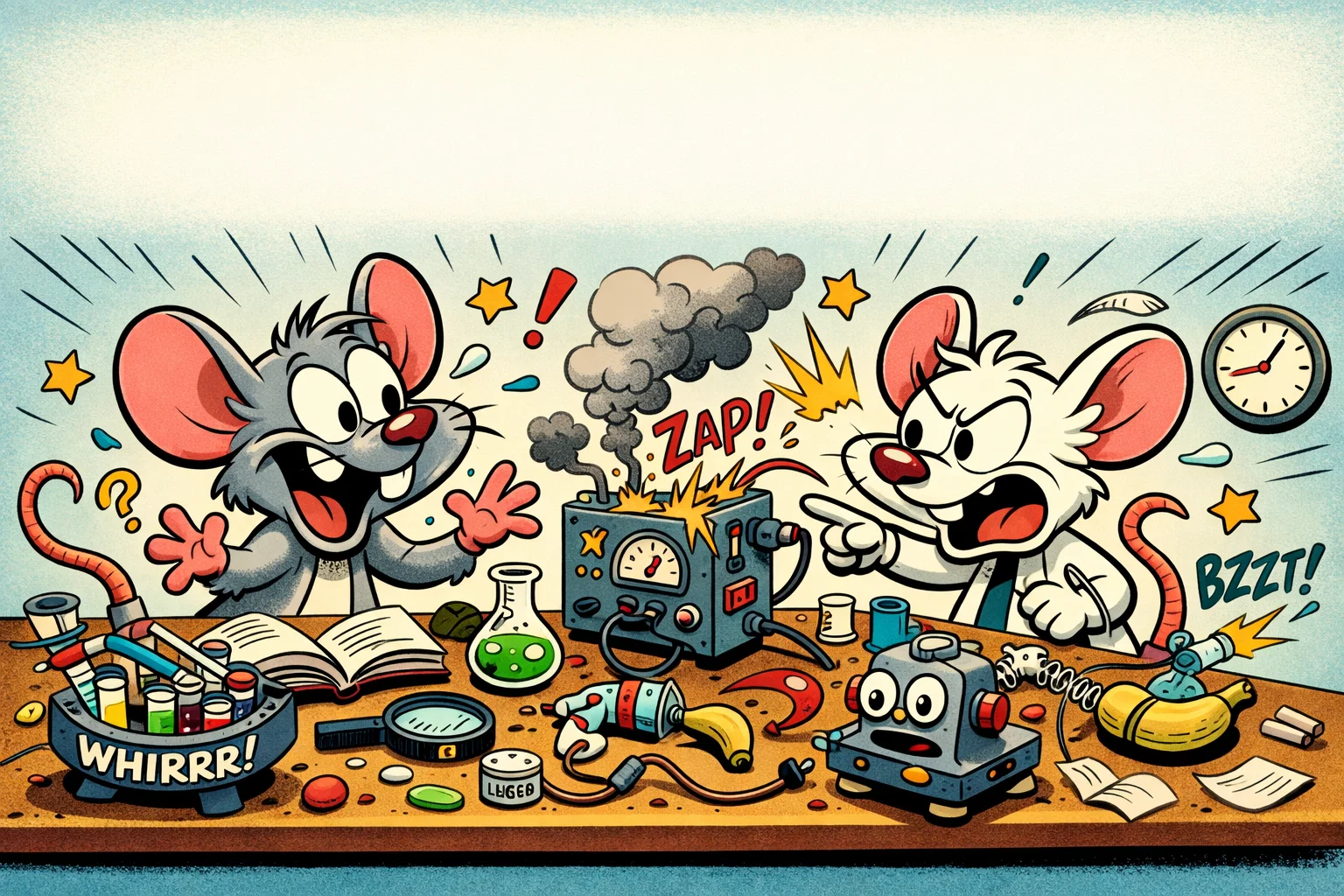 Pinky Brain funny chaos cartoon lab scene with playful comic energy.
