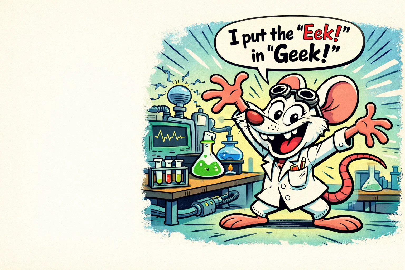  Pinky Brain sidekick funny cartoon mouse with silly expression in a lab.
