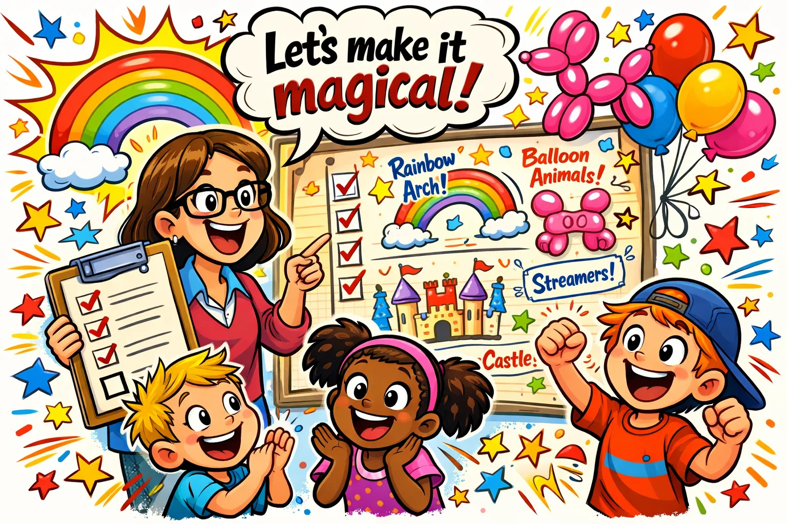  Planning preschool graduation decorations with teacher and kids brainstorming ideas.