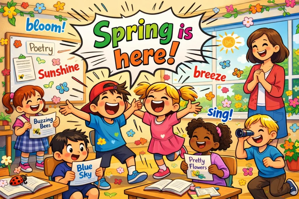 Poems about spring for kids with children reading in a bright classroom.