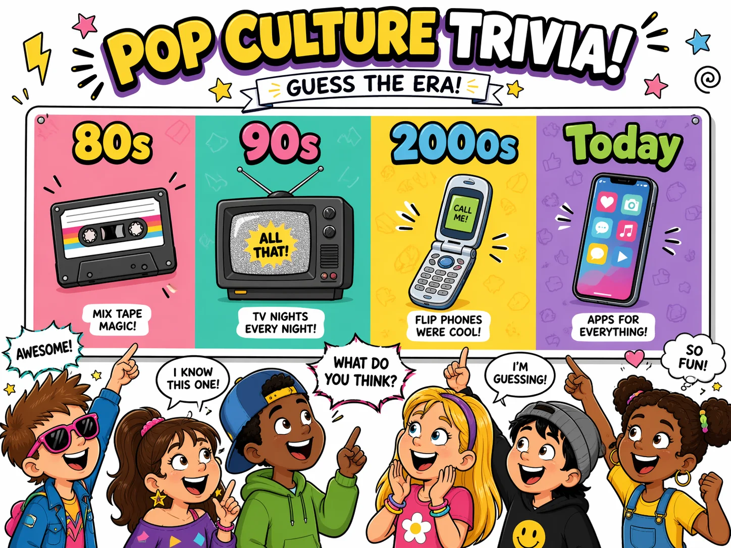 Pop culture quiz questions for kids by era with a fun timeline and decade icons.